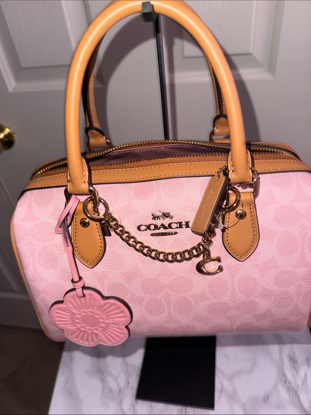 Coach Pink Leather Satchel with Tan Trim and Gold Hardware - Picture 10 of 12